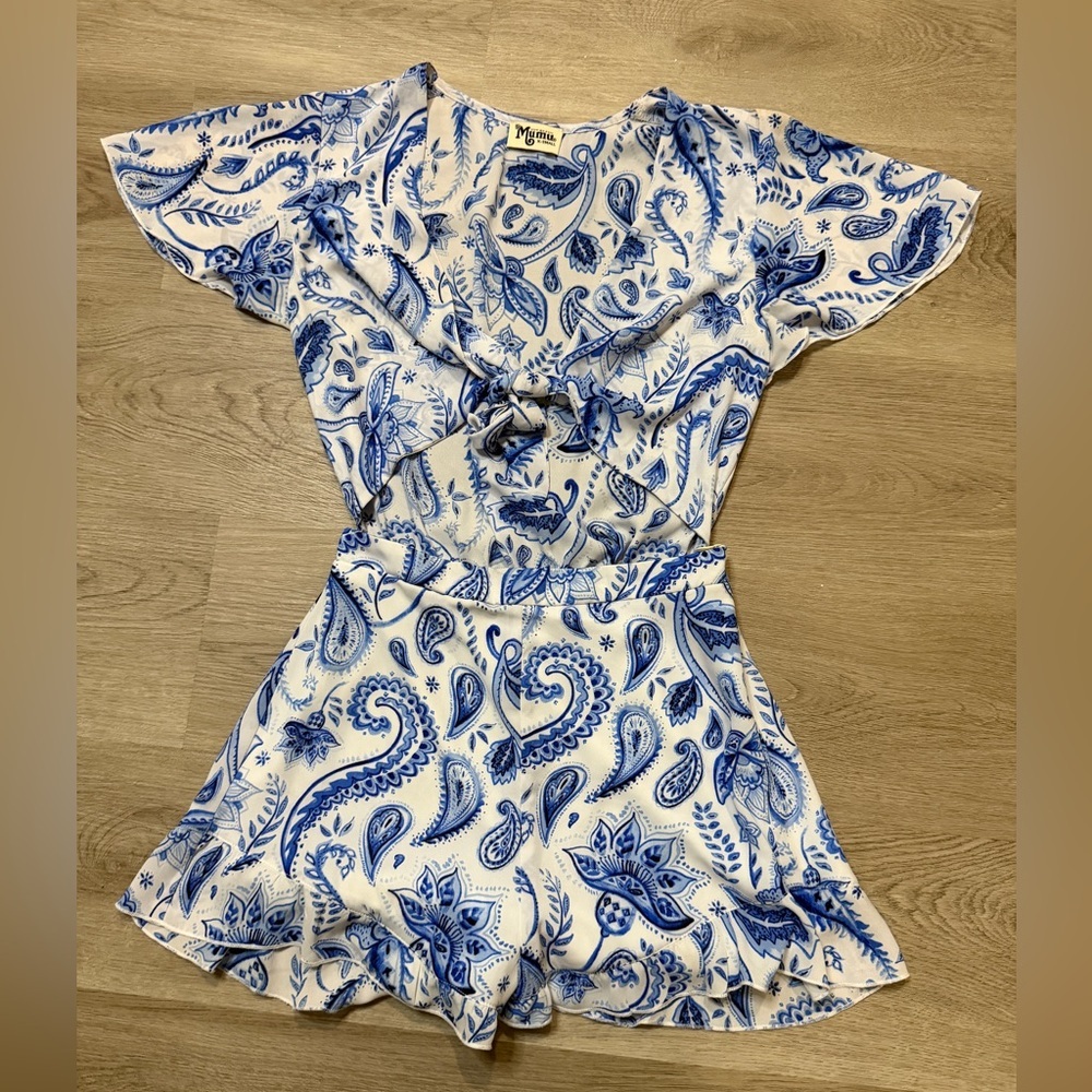 Show Me Your MuMu Blue and White Paisley short jumpsuit - Picture 2 of 6